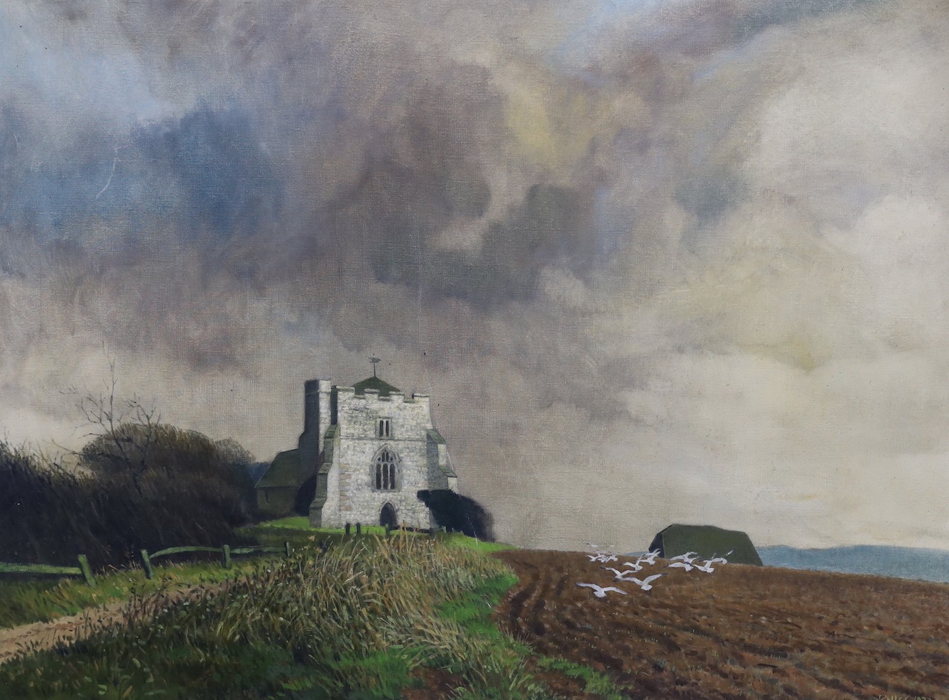 Ron Dellar, oil on canvas, 'Stormy weather, Hamsey Church, Sussex', signed and dated '72, 75 x 101cm